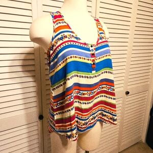 Rue 21 Colorful Floral & Striped Sleeveless Blouse with Brass Buttons